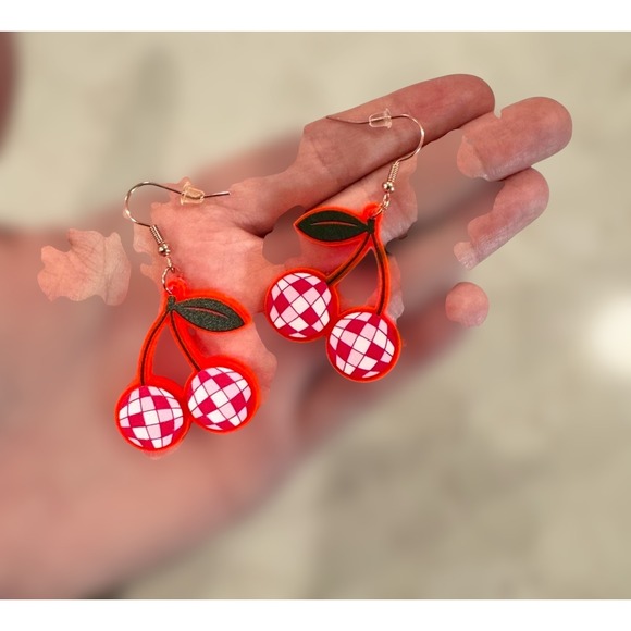 Checkerboard Cherry Earrings Funky Fruit Dangle Drop Statement Jewelry Y2K - Picture 1 of 2